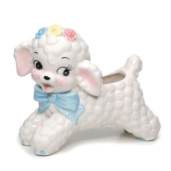 Vintage Napco Curly Lamb Ceramic Planter Pot #598 Kitchy 60s Home Decor Pastel - Picture 1 of 12